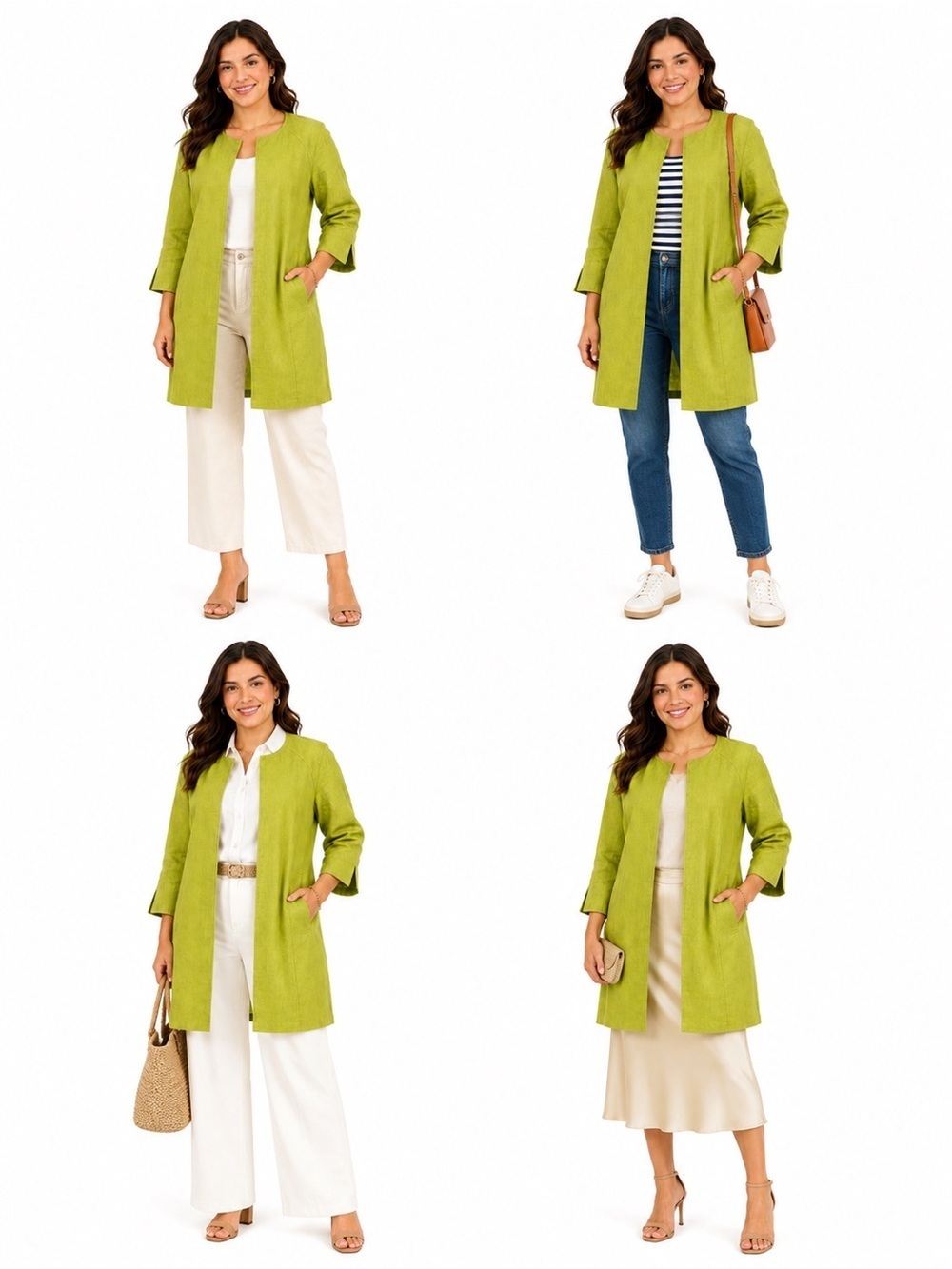 Talbots 100% Irish Linen Green Chartreuse Open Front Longline Blazer Size XS